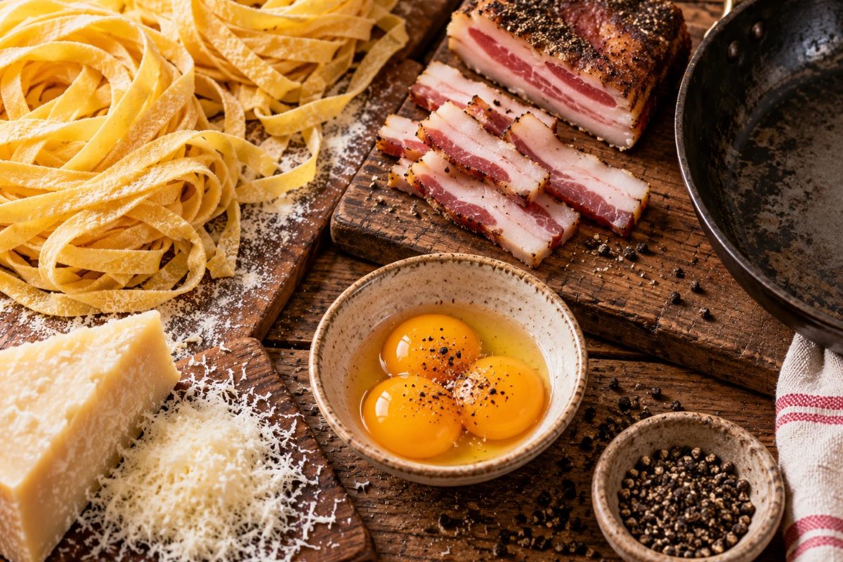 Продукти за талиатели карбонара – талиатели, гуанчеле, яйчни жълтъци, Pecorino Romano и черен пипер